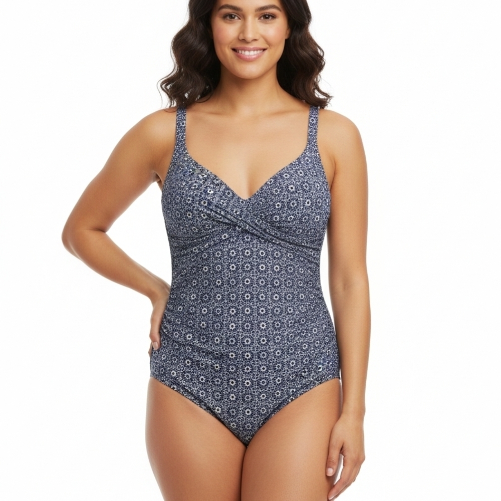 NIP TUCK Size 8 Elegant Navy Patterned One-Piece Swimsuit.